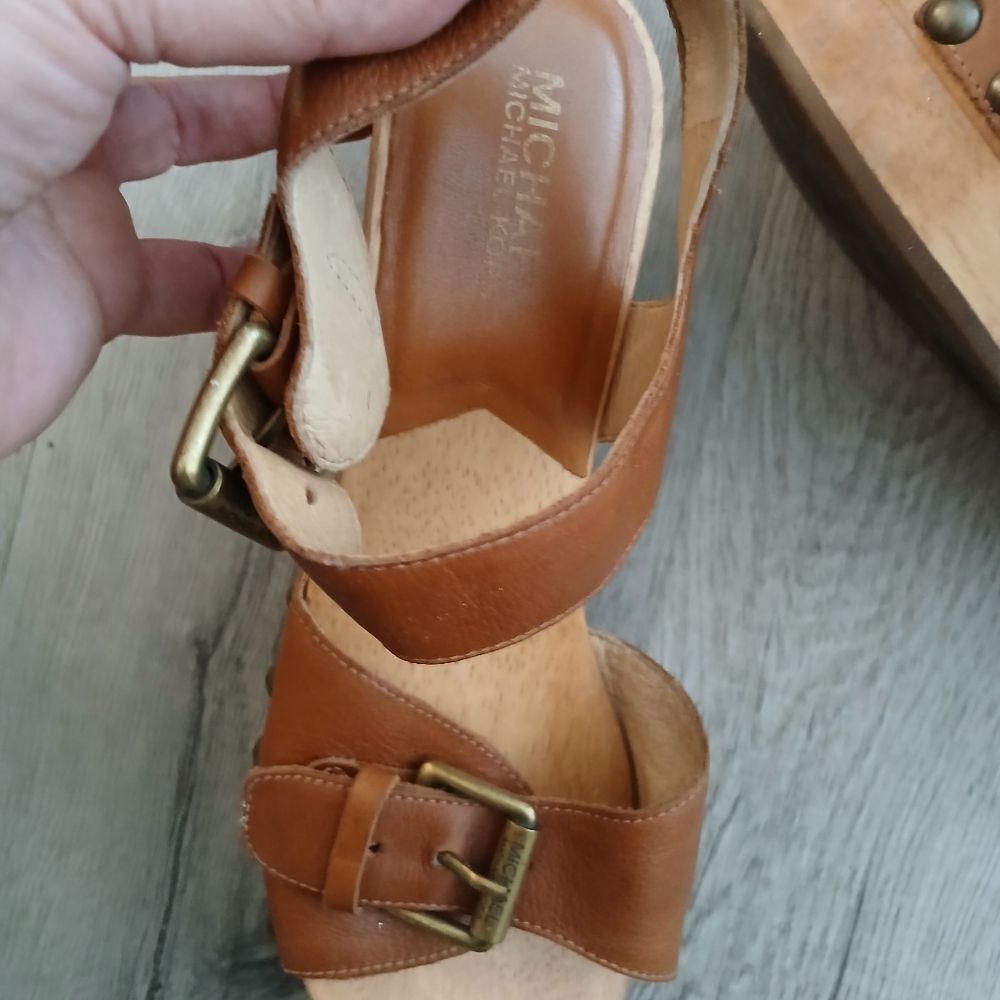 Michael Kors Tan Leather Wedge Sandals - Picture 2 of 4